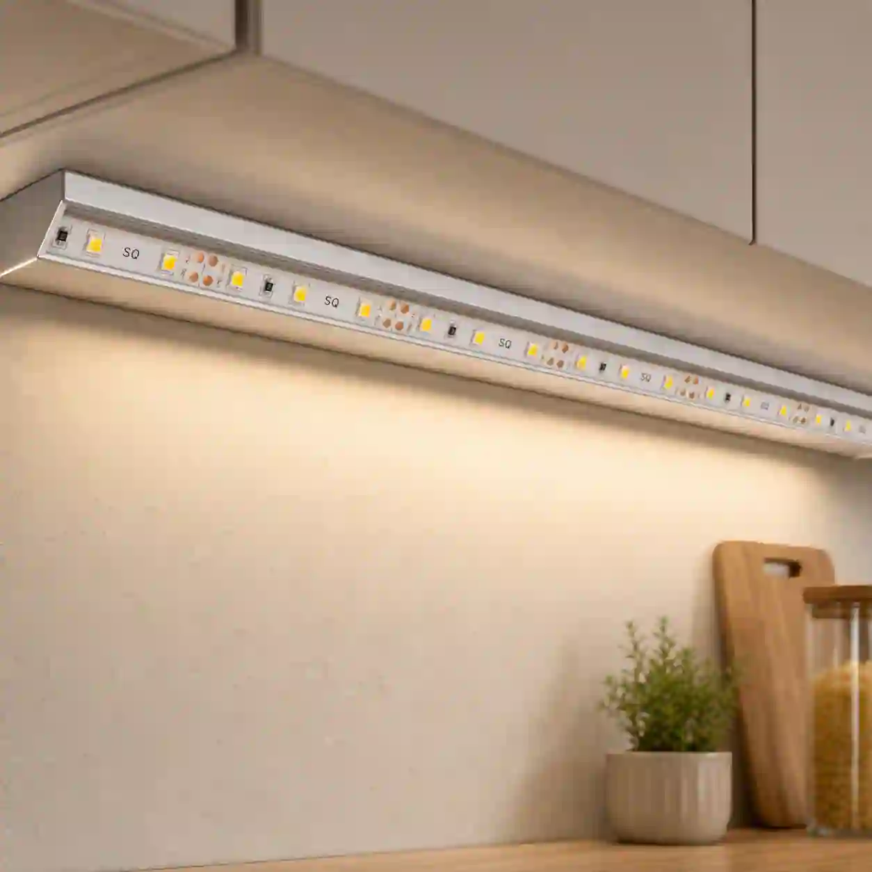 LED pásek 2835 IP65 instalovaný v hliníkovém profilu pro chlazení pod kuchyňskou linkou